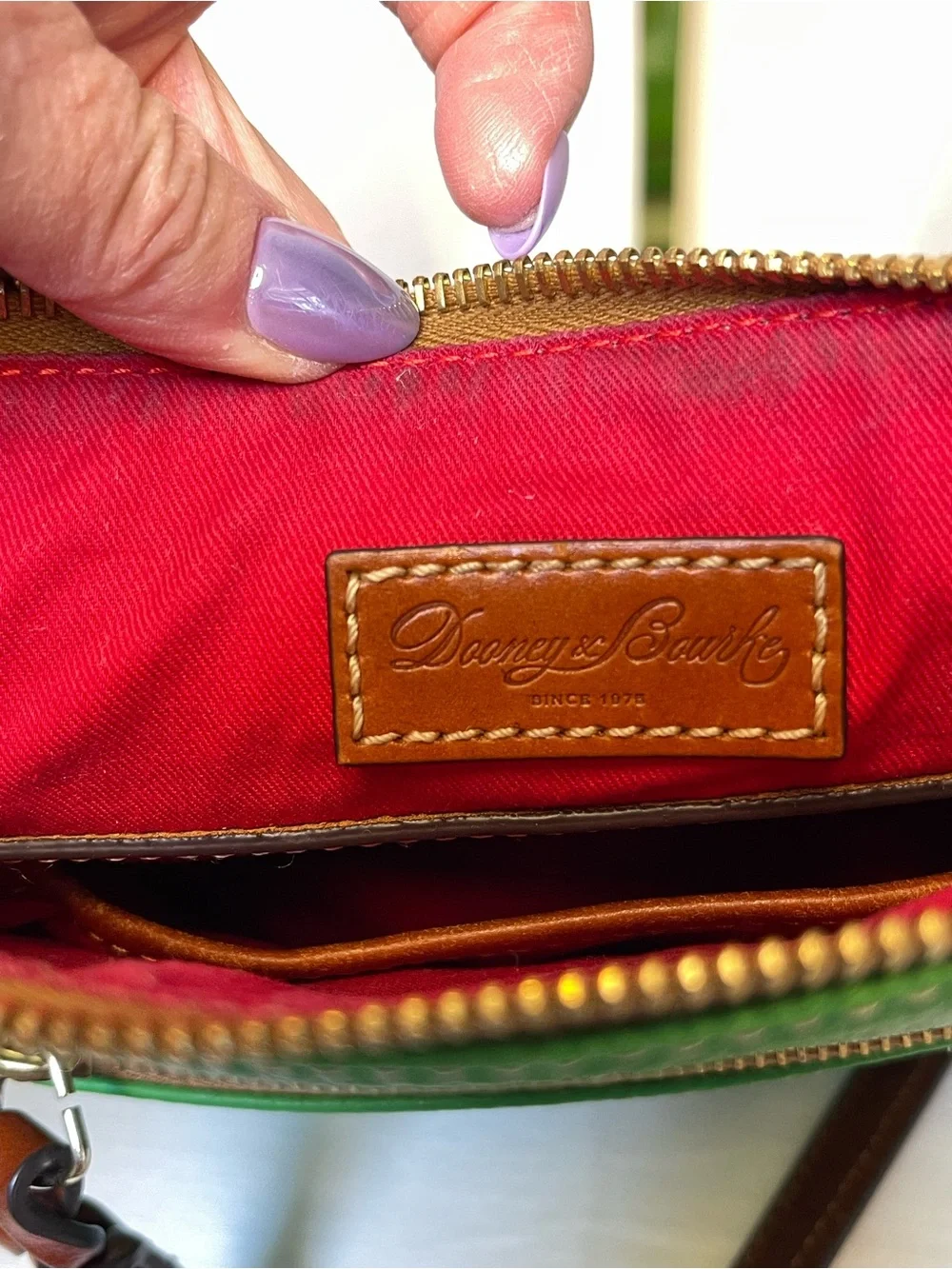 Dooney & Bourke Green Pebbled Leather Crossbody with Brown Trim